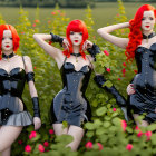 Three Women with Vibrant Red Hair in Gothic Outfits Among Red Flowers