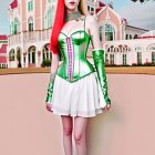 Digital Art: Woman with Half Green, Half Red Hair in Corset Dress by Pink Castle