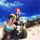 Stylized female characters with colorful hair and futuristic outfits in desert setting.