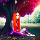 Vivid Red-Haired Woman in Surreal Psychedelic Landscape