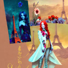 Surreal artwork: stylized woman, Eiffel Towers, whimsical night sky