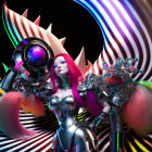 Futuristic female android in silver armor with red hair and robotic arms