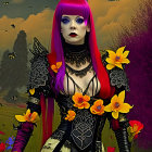 Stylized image of woman with purple hair in gothic attire in gloomy field with crescent