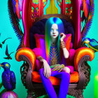 Vibrant blue-haired woman on ornate throne surrounded by psychedelic colors and animals