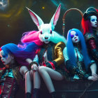 Colorful characters with extravagant costumes and a large rabbit in cosmic setting