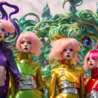 Four futuristic models in bright pink hair and colorful bodysuits amidst swirling sculptures.