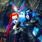 Futuristic women in vivid makeup and costumes with mythical bird on cosmic background