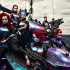 Futuristic red-haired dolls on metallic debris under cloudy sky