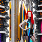Pink-haired mannequin in colorful attire against futuristic server racks