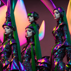 Four futuristic mannequins in green outfits with elongated headgear on colorful abstract background