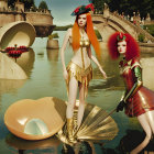 Three futuristic women with vivid hair and metallic outfits near waterway with golden shells.