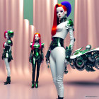 Four stylized female figures in futuristic outfits with metallic accents on pink backdrop.
