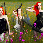 Three Women with Red Hair and Rifles in Black and White Outfits in Colorful Flower Field