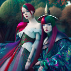 Vibrant Red Hair Women in Fantasy Costumes Garden Setting