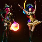 Vibrant female figures in fantastical costumes with glowing orb and crescent moon staff.