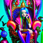 Colorful digital artwork: Alien figure on ornate throne, surreal elements, teal backdrop