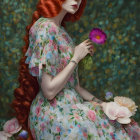 Stylized women with vibrant red hair in ornate dresses among flourishing garden