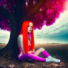 Vibrant red-haired woman under purple tree against twilight sky