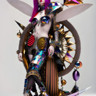Colorful Hair Female Figure in Futuristic Metallic Costume
