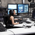 Red-haired woman at desk with monitors and futuristic gadgets.