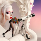 Surreal image: stylized feminine figures with white headpieces, one holding a telescope