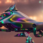 Surreal digital artwork: Woman with metallic shark-like structure against warm-toned backdrop