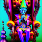 Colorful Alien Figure on Ornate Throne in Neon Green Setting