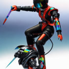 Colorful futuristic female character in high-tech suit with helmet riding single-wheeled device, wielding glowing