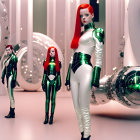 Three red-haired female androids in futuristic attire in pink room