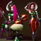 Vibrant futuristic female models in green metallic outfits with eccentric accessories and weapons on maroon backdrop