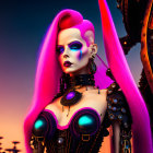 Colorful Cyberpunk Character with Purple Hair in Futuristic Outfit on Industrial Background