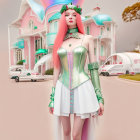 Vibrant green-haired woman in corset dress by whimsical pink house