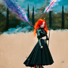 Fiery red-haired person in cosmic backdrop with staff, black dress, and red boots