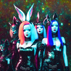 Five people in gothic bunny outfits on cosmic backdrop