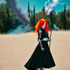 Red-haired woman in black dress wields glowing blue sword in grassy landscape