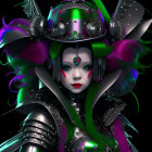 Digital portrait of woman in green and purple armor with gem-studded helmet