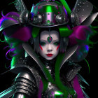 Colorful female figure in futuristic armor with wide-brimmed hat.