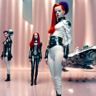 Futuristic female figures with red hair in white and black suits in a room with spherical silver objects