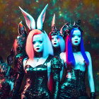 Four women in dark animal ear costumes against vibrant cosmic background