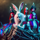 Stylized individuals with bunny ears and makeup riding ornate horses under a moody sky