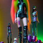 Colorful hair fashion dolls in futuristic outfits on vibrant background