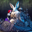 Surreal image of woman with large rabbit on ornate ship with whimsical details