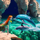 Red-Haired Girl in Blue Dress with Playful Dolphins in Water