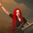 Red-haired person with guitar and dark makeup against cloudy sky