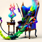 Colorful surreal image: Skeleton in regal attire on ornate chair