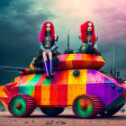 Identical Red-Haired Women on Colorful Tank in Surreal Landscape