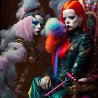 Two women with vibrant hair and futuristic outfits exhale smoke back-to-back