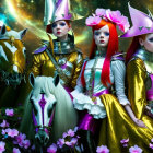 Vibrant futuristic outfits on women with adorned horses in cosmic setting