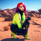 Futuristic female character with pink hair in sci-fi armor in desert landscape