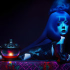 Blue-haired woman reclines next to ornate lamp in dark setting